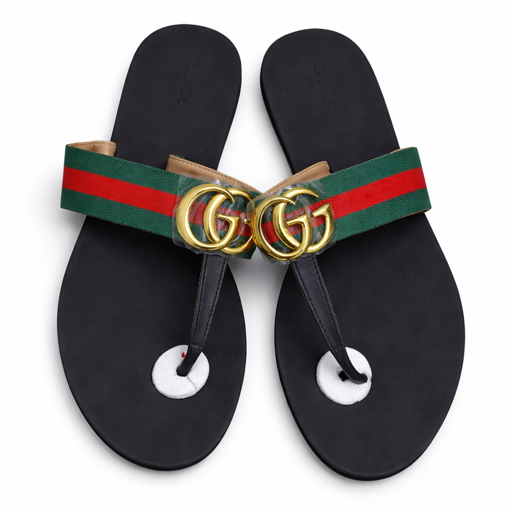 Luxury Striped Thong Sandals – Gold Detail Designer Inspired Slides