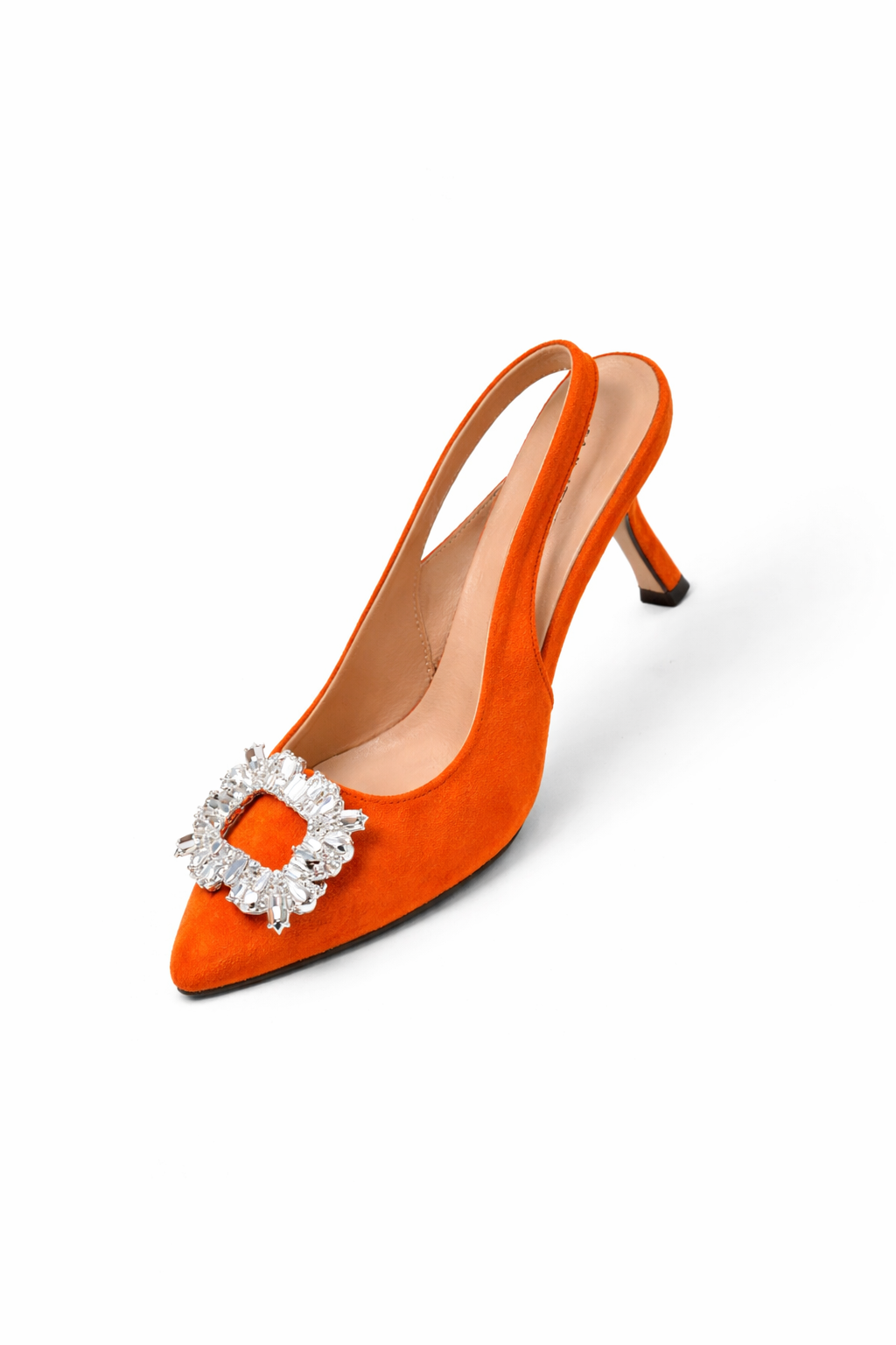 orange heels, slingback heels, pointed toe, rhinestone heels, elegant heels, women heels, dressy heels, luxury heels, party heels, chic heels