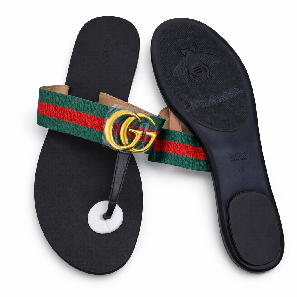 Luxury Striped Thong Sandals – Gold Detail Designer Inspired Slides