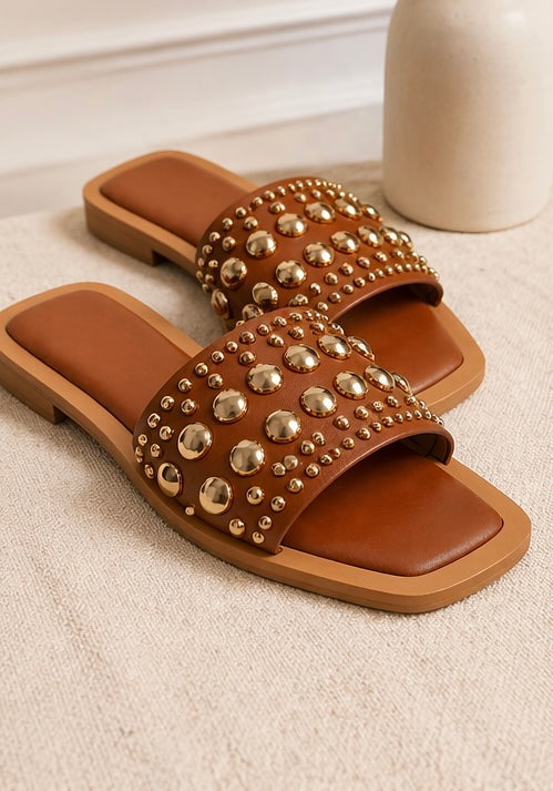 Luxury Studded Slide Sandals – Gold Detail Designer Inspired Flats