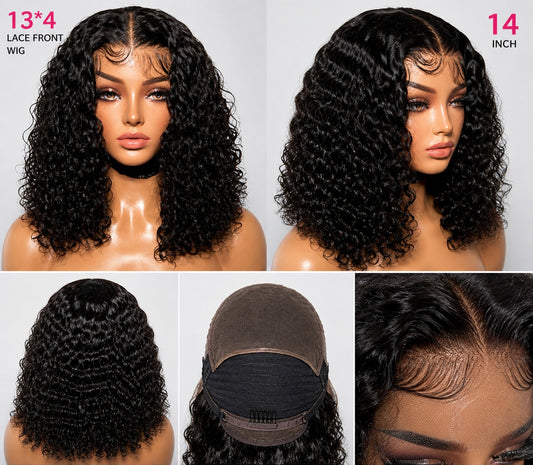 14” Deep Wave Lace Front Wig 13x4 Human Hair – Natural Black Soft Curls