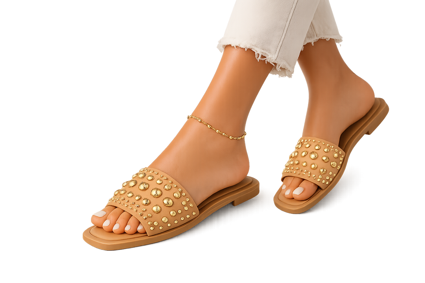 Luxury Studded Slide Sandals – Gold Detail Designer Inspired Flats
