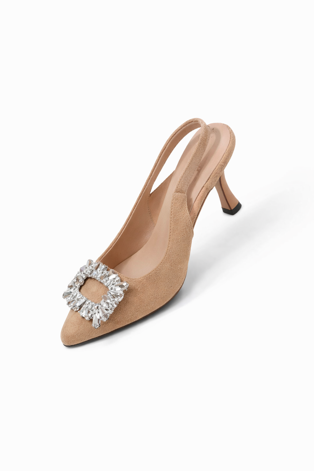 nude heels, beige heels, slingback heels, pointed toe, crystal buckle, elegant heels, women heels, dressy heels, chic heels, fashion heels Women Nude Slingback Heels Pointed Toe Crystal Buckle Elegant Dress Shoes