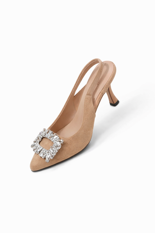 nude heels, beige heels, slingback heels, pointed toe, crystal buckle, elegant heels, women heels, dressy heels, chic heels, fashion heels Women Nude Slingback Heels Pointed Toe Crystal Buckle Elegant Dress Shoes