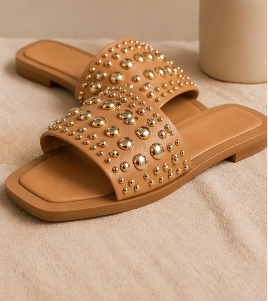 Luxury Studded Slide Sandals – Gold Detail Designer Inspired Flats