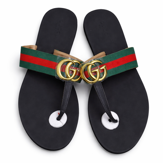 Luxury Striped Thong Sandals – Gold Detail Designer Inspired Slides