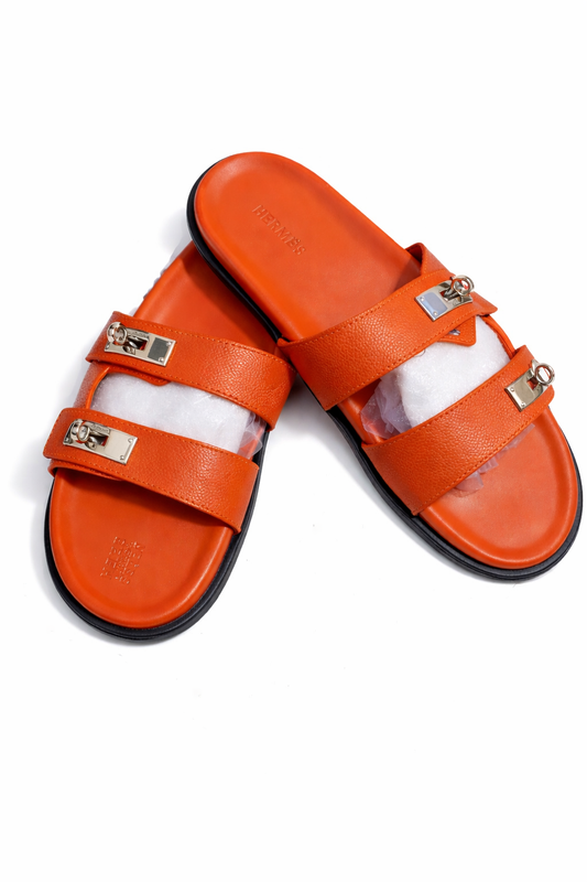 Luxury Orange Double Strap Sandals – Comfortable Slip-On Slides