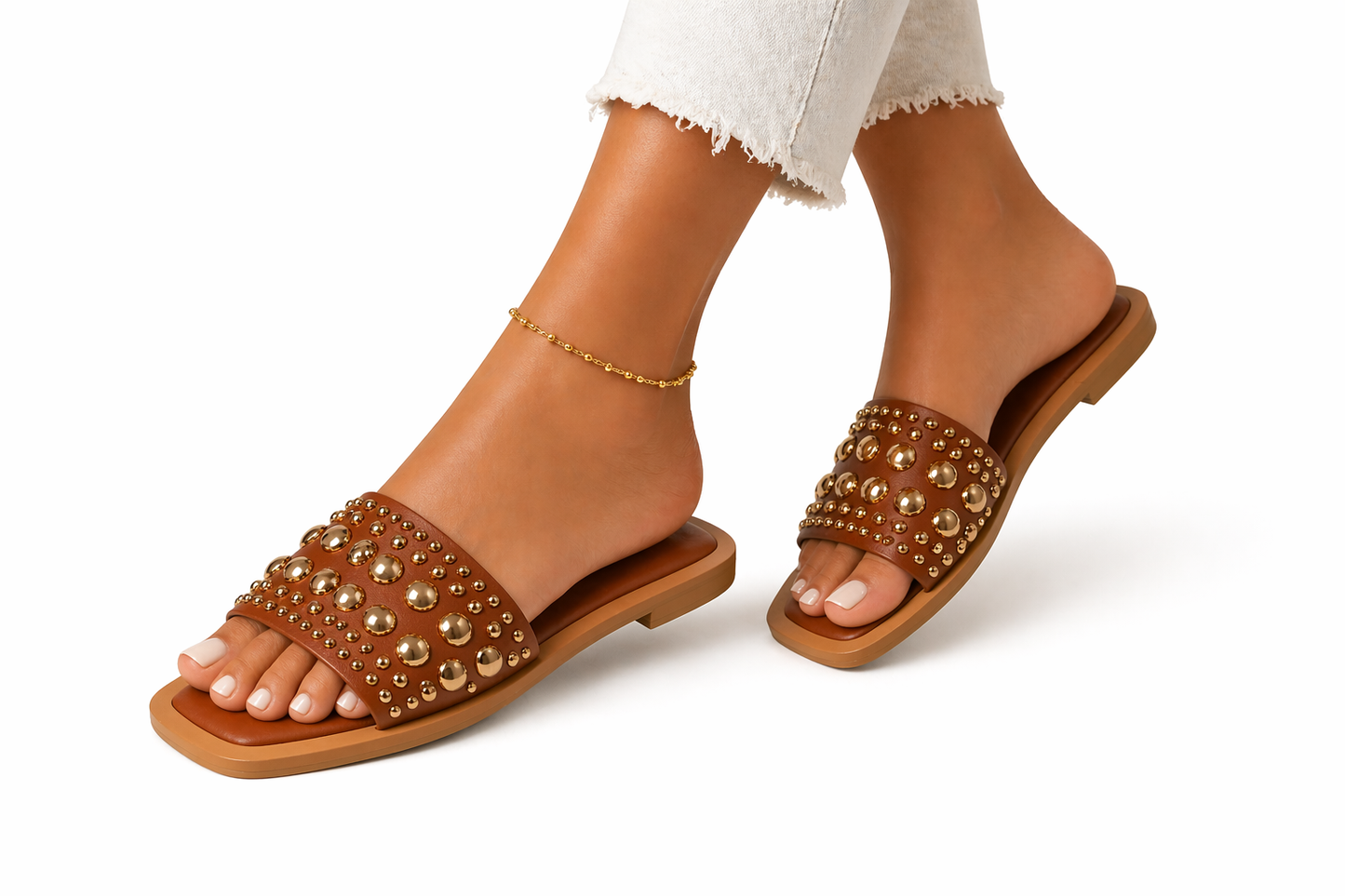 Luxury Studded Slide Sandals – Gold Detail Designer Inspired Flats