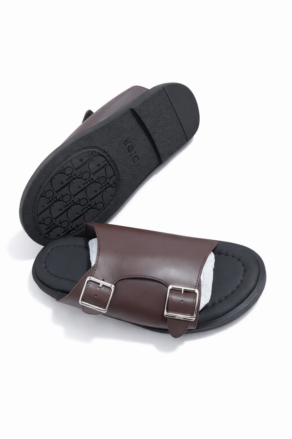 Men’s Brown Double Buckle Slide Sandals – Luxury Comfortable Casual Summer Slippers
