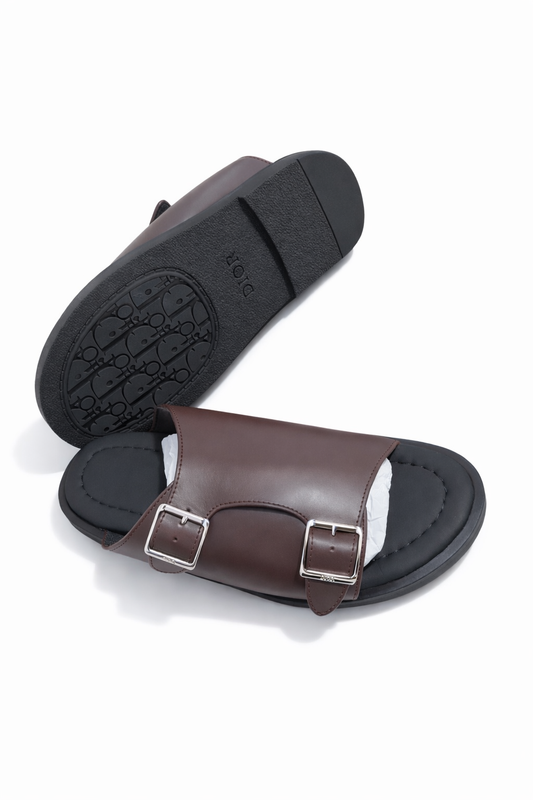 Men’s Brown Double Buckle Slide Sandals – Luxury Comfortable Casual Summer Slippers